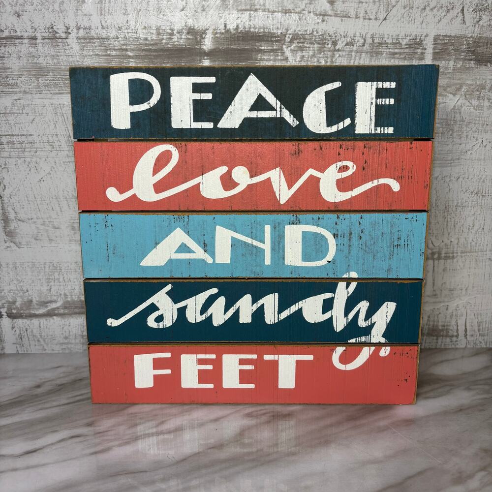 Peace Love and Sandy Feet Striped Wood Wall Sign